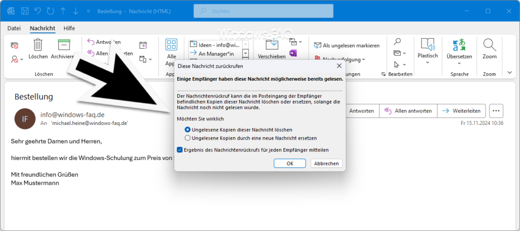 Outlook Mail zurückrufen ungelesene Kopien