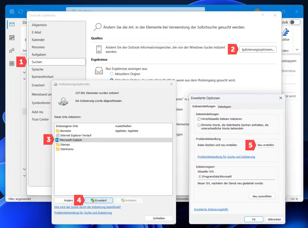Outlook Suche funktioniert nicht Index neu erstellen