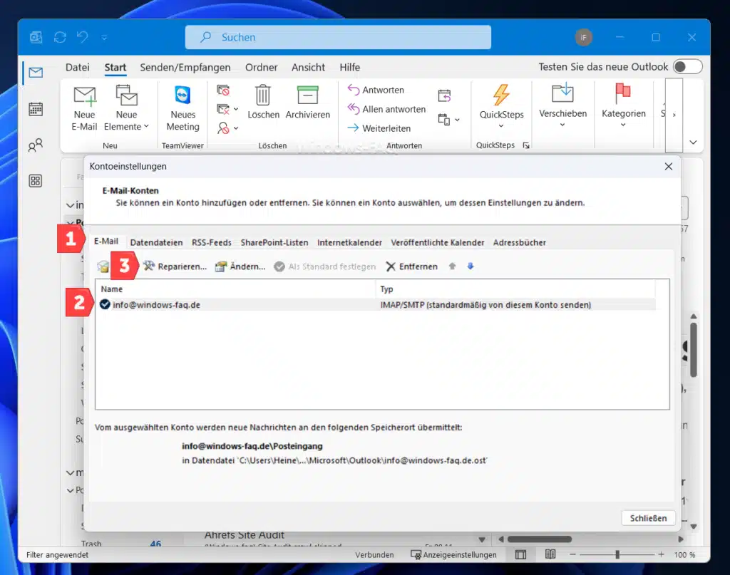 Outlook Suche funktioniert nicht Konto reparieren