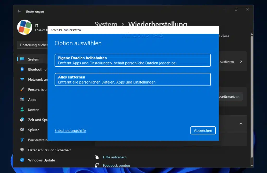 PC auf Werkseinstellung zurücksetzen - Optionen