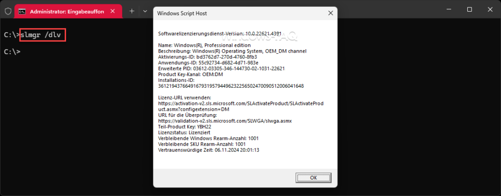 Windows Key auslesen SLMGR