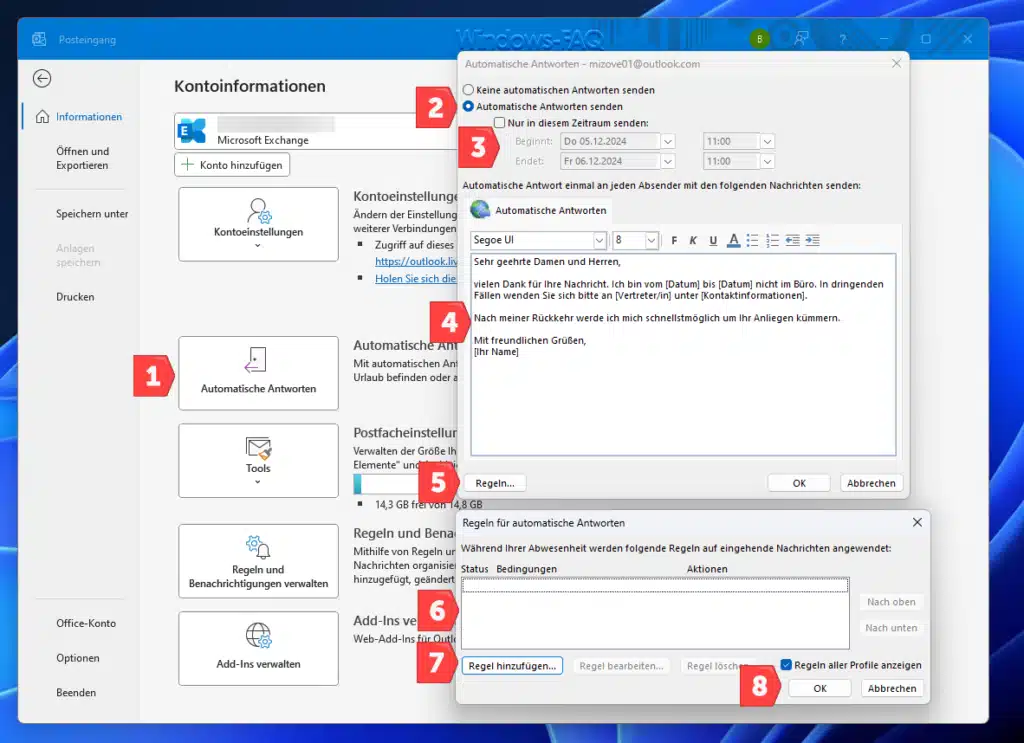 Abwesenheitsnotiz Outlook Einrichten und Regel hinzufügen