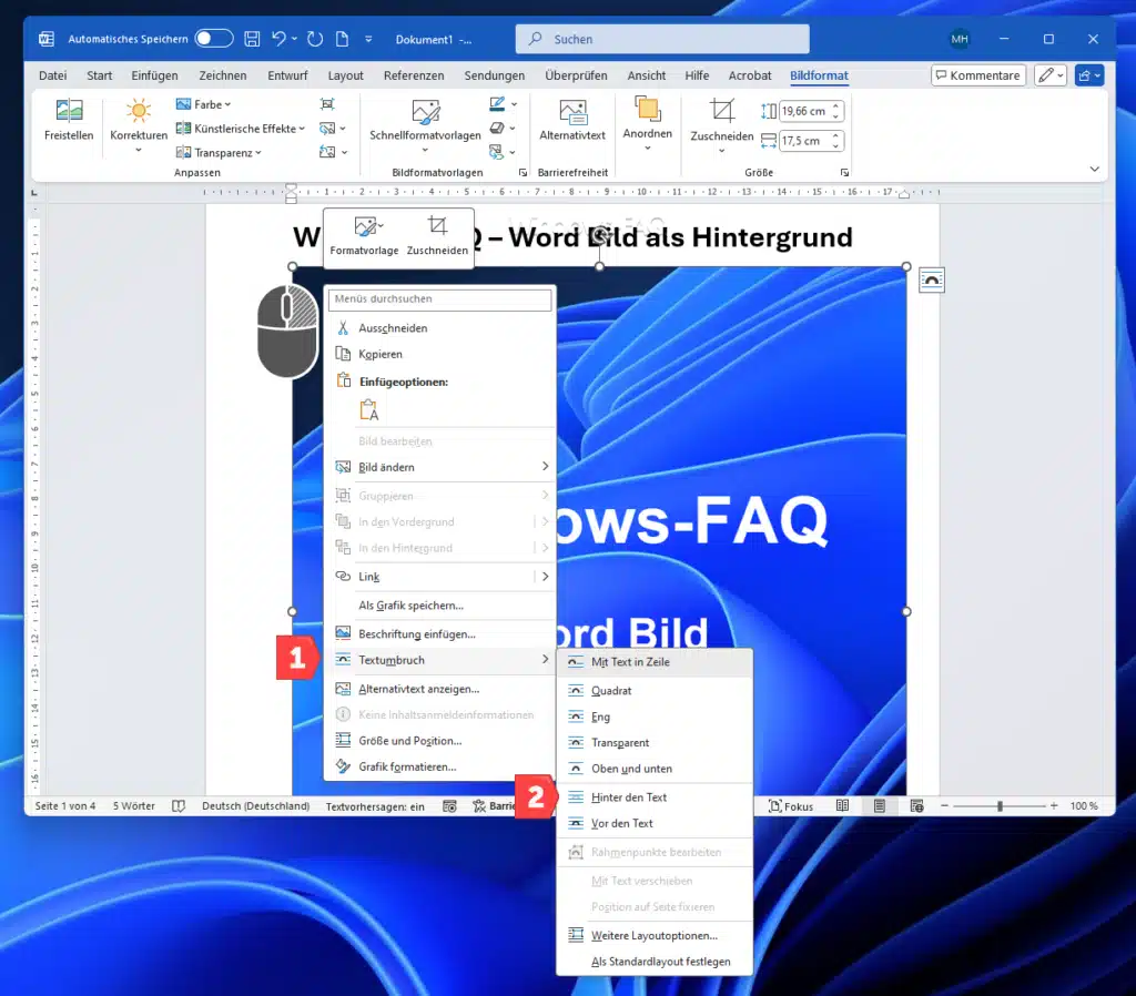 Word Bild als Hintergrund Beispiel hinter den Text
