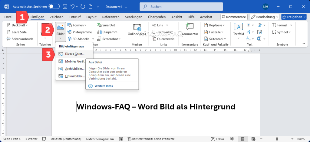 Word Bild als Hintergrund aus Datei einfügen