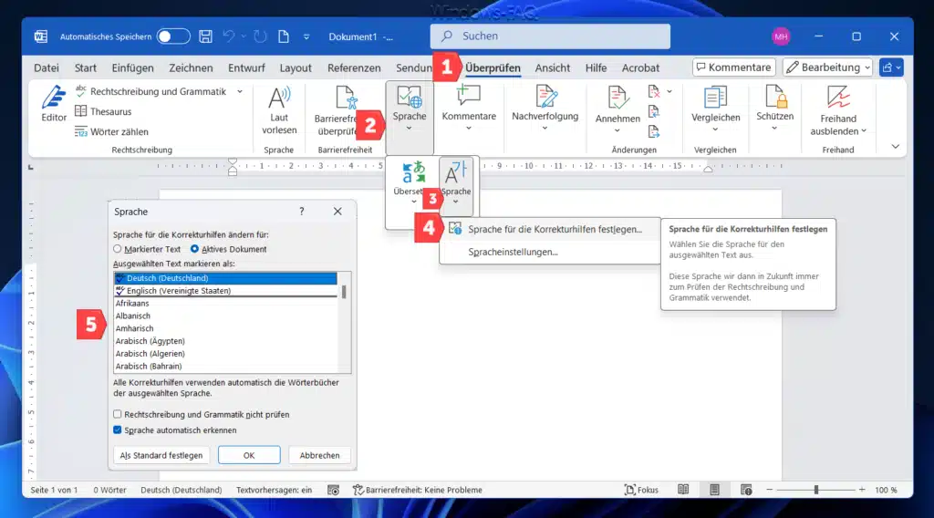 Word Sprache ändern Sprache für Korrekturhilfe festlegen
