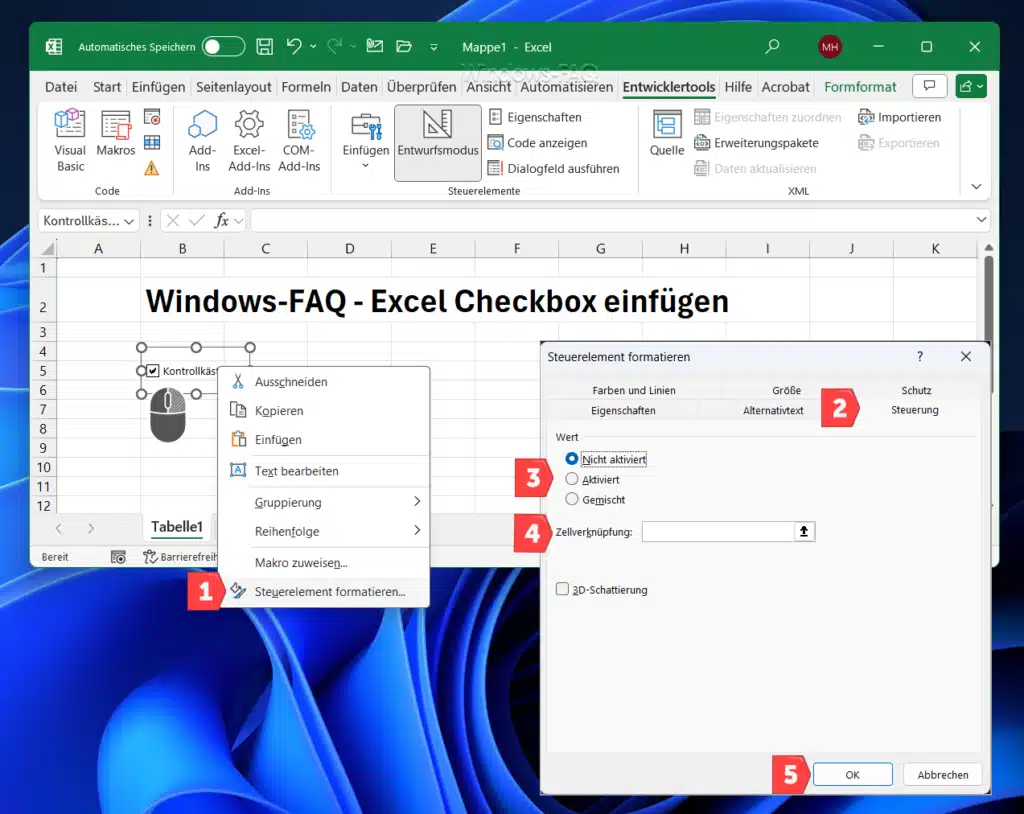 Excel Checkbox einfügen Steuerelement