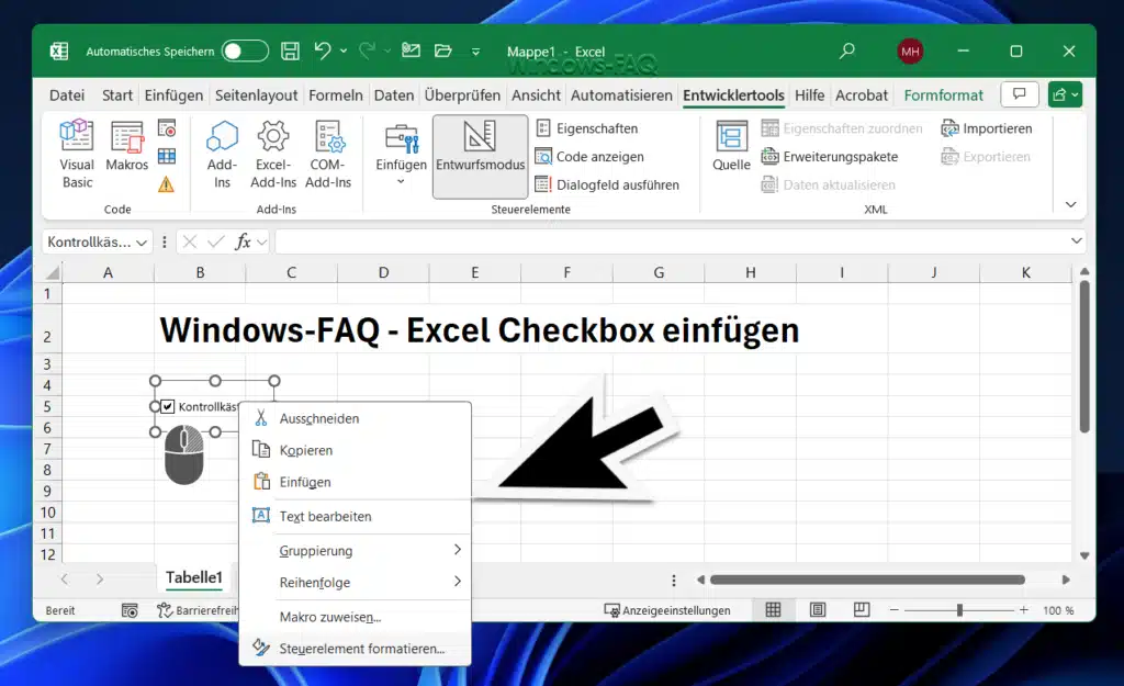 Excel Checkbox einfügen Text bearbeiten und Formatierung