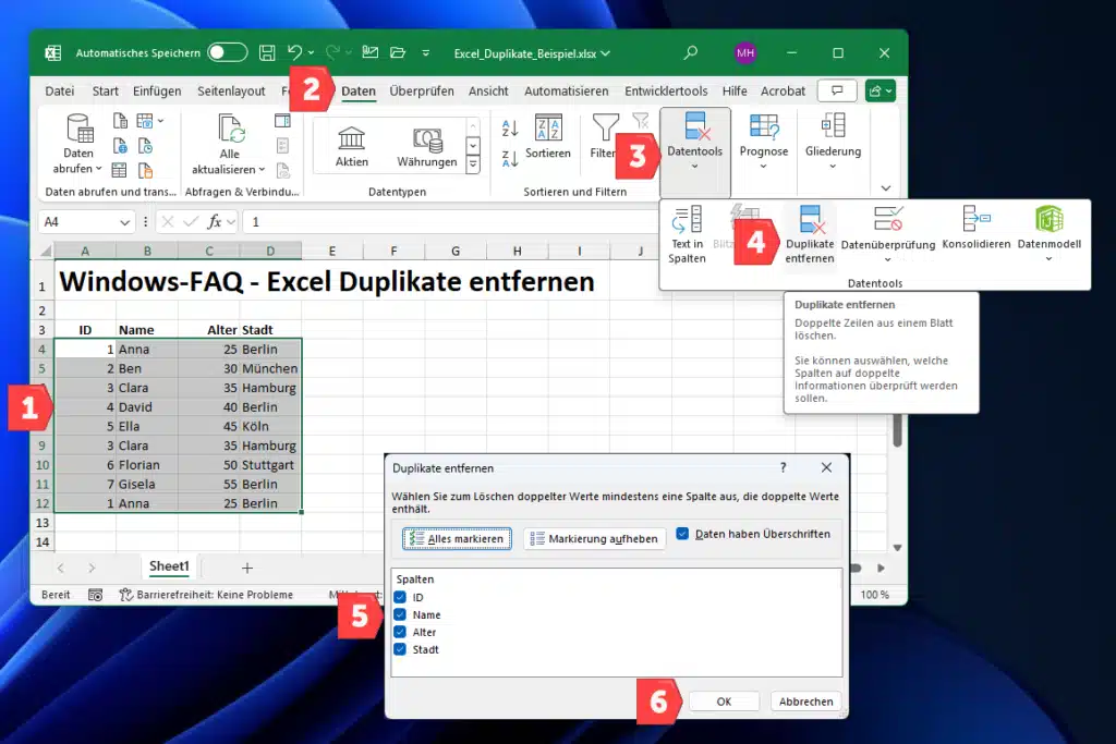 Excel Duplikate entfernen Datentools