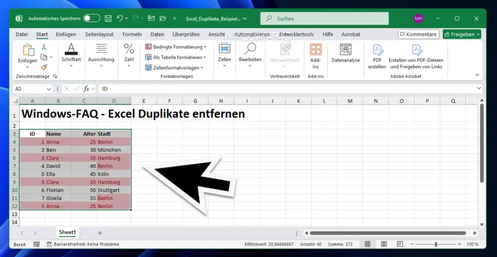 Excel Duplikate entfernen doppelte Werte farblich markiert