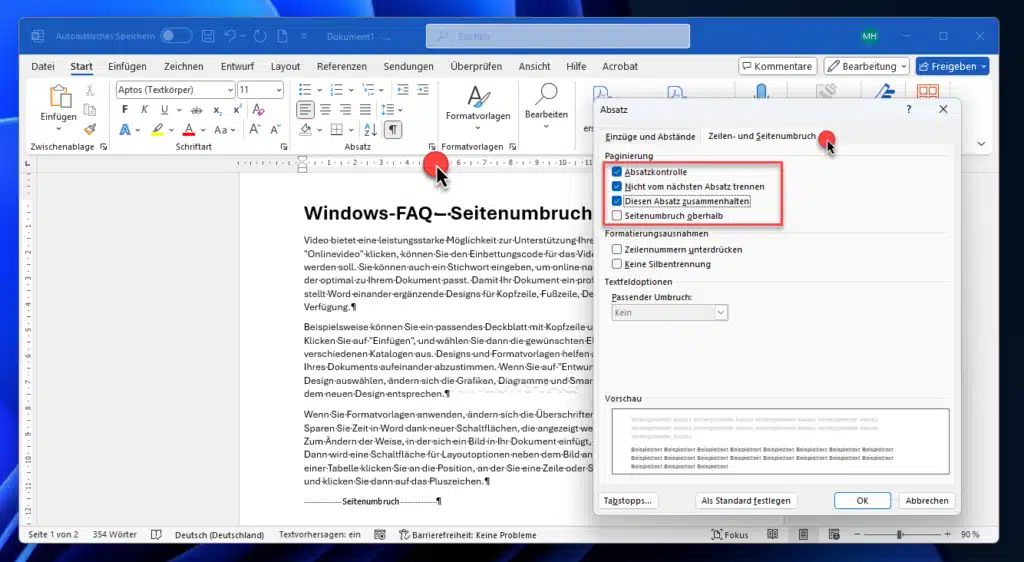 Seitenumbruch entfernen Absatz Zeilen- und Seitenumbruch Optionen