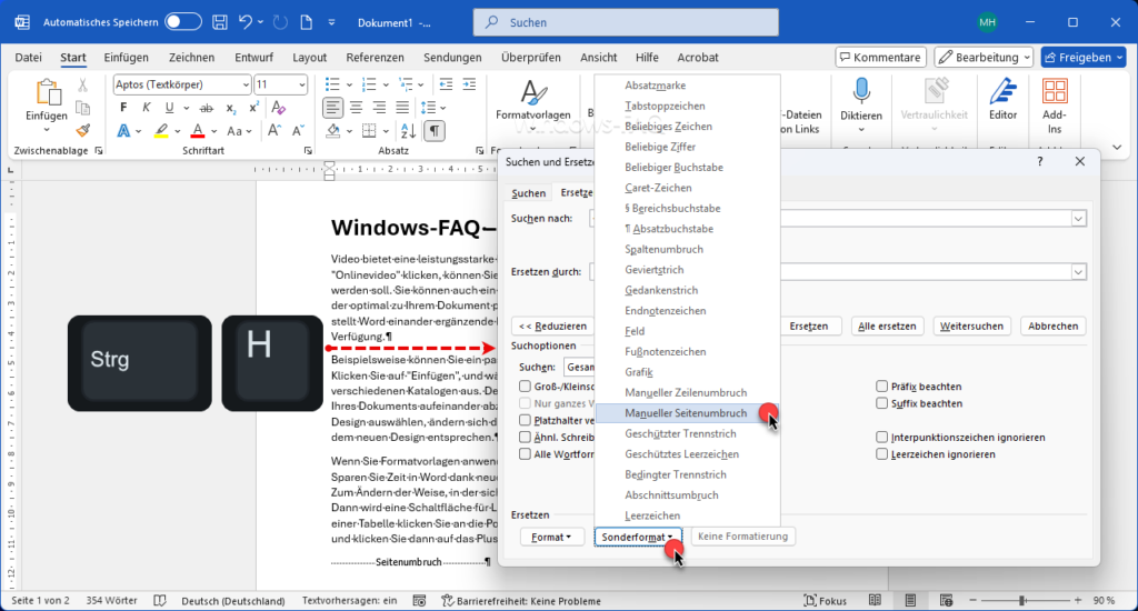Seitenumbruch entfernen STRG H Manueller Seitenumbruch