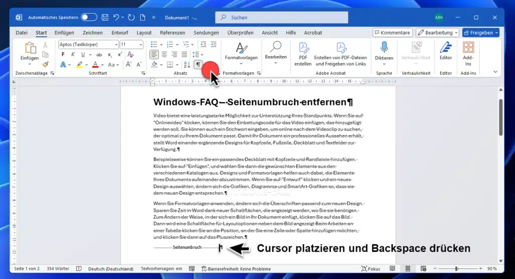 Seitenumbruch entfernen Word mit Rücktaste Backspace